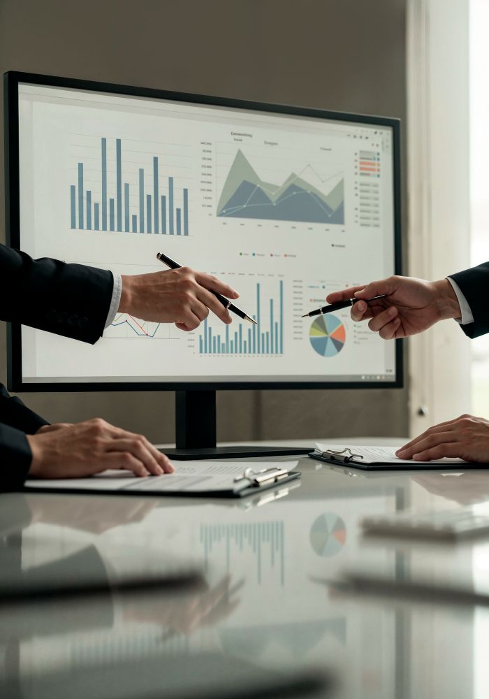 اجتماع تفاوضي حول تحليل الأداء والحصة السوقية